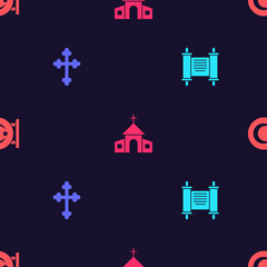 Naklejka premium Set Decree, paper, parchment, scroll, Christian cross, Church building and Star and crescent on seamless pattern. Vector.
