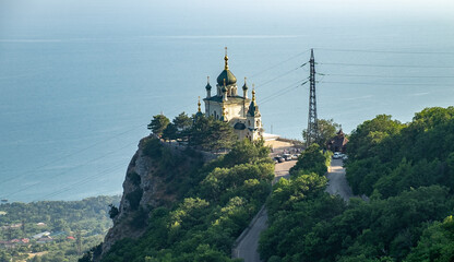 Fototapeta na wymiar Church of the Resurrection of Christ on the edge of a cliff in the village of Foros in Crimea.