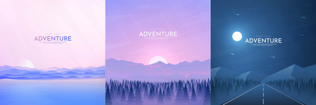 Vector illustration. Landscapes collection. Flat cartoon style. Triangle shapes. Misty forest, sunset scene, night highway. Design for banner, blog post, social media template, card.