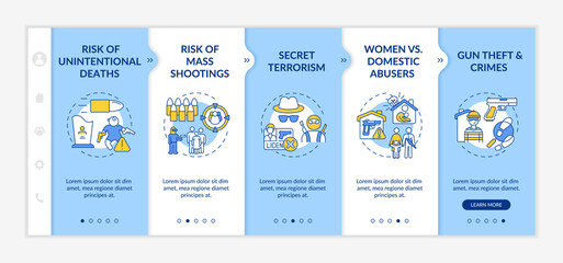 Risk of gun violence onboarding vector template. Mass shooting. Unintentional death. Theft and crimes. Responsive mobile website with icons. Webpage walkthrough step screens. RGB color concept