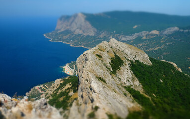 Mediterranean landscape. Forested rocks of the Black Sea coast of the southern coast of the Crimean Peninsula on a clear sunny day.