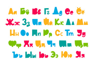 Children font in the cartoon style. Cyrillic Colorful typography. Vector russian alphabet.