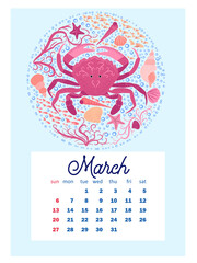 Marine life. Wall calendar design template for 2022, A4 format. Week starts on Sunday. Whale, mermaid, snail, shark, crab, stingray, seahorse, dolphin, octopus, turtle, jellyfish, clown fish etc.