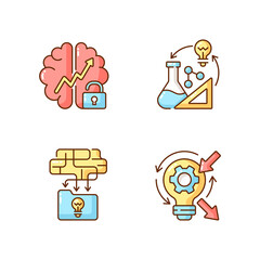 Creative thinking RGB color icons set. Growth mindset. Improving reflection skills. Creativity development. Organizing information. Creativity in STEM. Isolated vector illustrations