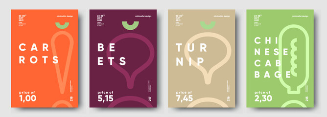 Carrots, Beets, Turnip, Chinese cabbage. Price tag, label or poster. Set of posters, vegetables and herbs in a minimalist design. Flat vector illustration.