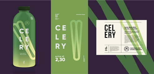 Celery.  Flat vector illustration. Price tag, label, packaging and product poster. Label design template on a bottle. Minimalistic, modern label.