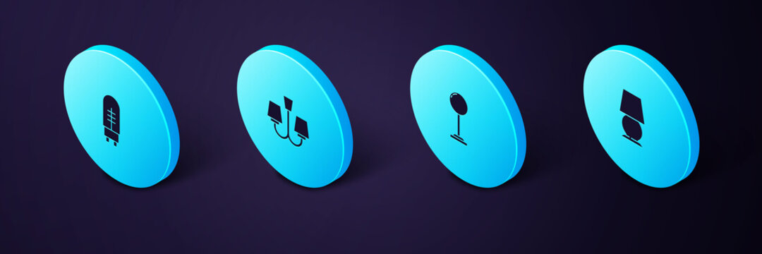 Set Isometric Table lamp, Floor, Chandelier and Light emitting diode icon. Vector.