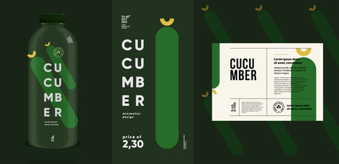 Cucumber. Flat vector illustration. Price tag, label, packaging and product poster. Label design template on a bottle. Minimalistic, modern label.