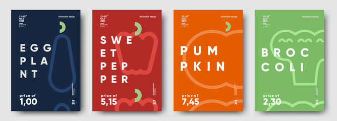 Eggplant, Sweet pepper, Pumpkin, Broccoli. Price tag, label or poster. Set of posters, vegetables and herbs in a minimalist design. Flat vector illustration.