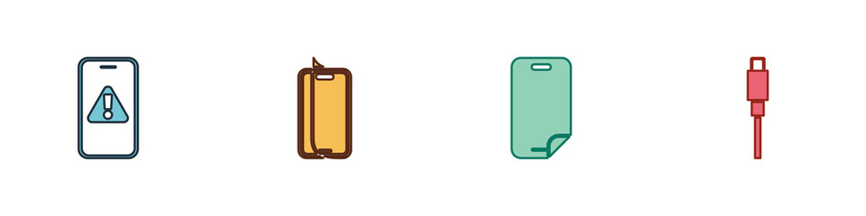 Set Mobile with exclamation mark, Glass screen protector, and USB cable cord icon. Vector.