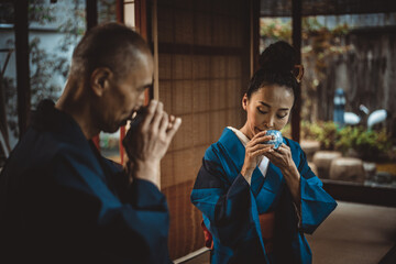 Senior couple lifestyle moments in a traditional japanese house