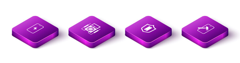 Set Isometric Mobile charging battery, Multimeter, with shield and broken screen icon. Vector.