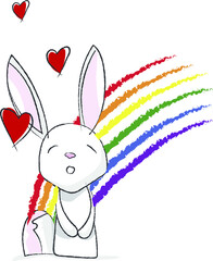 Small and cute illustrated rabbit. Rabbit made in vector with bright colors. Rabbit in love with hearts and rainbow colors