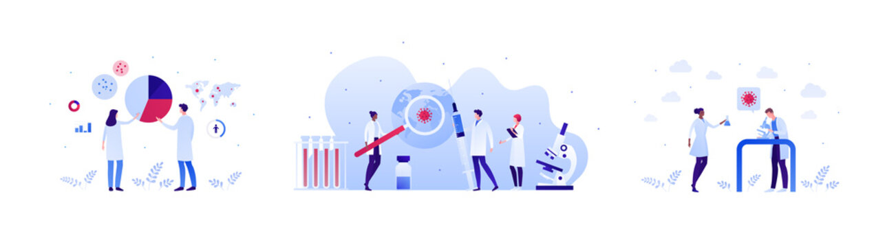 Vaccination And Virus Study Concept. Vector Flat People Illustration Set. Red Shield Symbol. Male And Female Team Of Scientist Research. Planet Earth With Covid19 Symbol. Infographic Chart Sign.