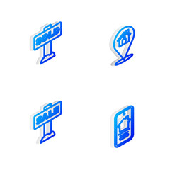 Set Isometric line Location with house, Hanging sign text Sold, Sale and Online real estate icon. Vector.