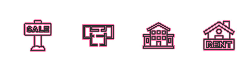 Set line Hanging sign with Sale, House, plan and Rent icon. Vector.