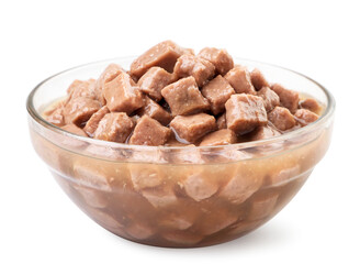 Wet pet food in a bowl on a white background. Isolated