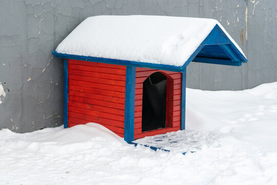 Red Dog House Covered With Snow