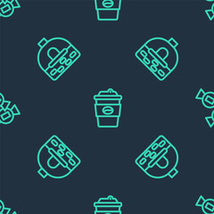 Set line Coffee cup to go, Brick stove and Candy on seamless pattern. Vector.