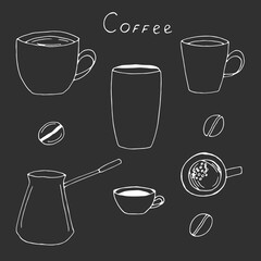 Coffee set, cups, mug, paper cup, coffee pot and coffee beans, vector doodle illustration, lettering, sketch, dark background