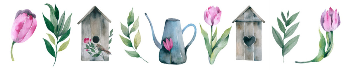 Gardening spring set. Watercolor polka dot rubber boots, watering can, butterfly, roses bouquet. Vintage spring illustration set with gumboots.  art