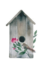 watercolor birdhouse isolated on white background.