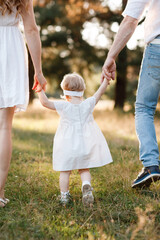 View on toddler. Back view of mother, father hold hands daughter enjoy nature and walk in the summer park. Young family spending time together on vacation, outdoors. Mother's, father's, baby's day.