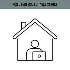 Man working on computer from home line icon. Freelance work, online education. Person sitting in front of laptop at house office. Editable Stroke.