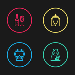 Set line Wooden barrel on rack, Happy man with beer, Beer brewing process and bottle and glass icon. Vector.