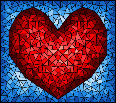 Illustration in stained glass style with an abstract red heart on a blue background, rectangular image