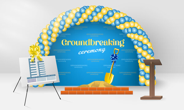 Groundbreaking ceremony for state-of-the-art building with balloons arch, plan of the future building, golden shovel, sand, bricks and podium tribune vector illustration