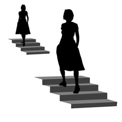 The girl goes up the steps. Vector female silhouette. Back view of the figure of a girl in a dress, isolated on a white background.