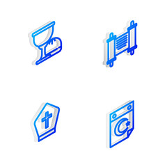 Set Isometric line Decree, paper, parchment, scroll, Holy grail or chalice, Pope hat and Star and crescent icon. Vector.