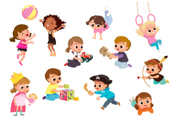 Set group collection of vector cute babies kids characters playing,doing activities in different various poses.Children jump,move,having fun in fine mood,play,hang around with different emotions.