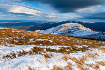 
The golden hour in the mountain pastures in the Bieszczady Mountains after the first snowfall /
Sunset in the mountain pastures in the Bieszczady Mountains