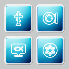 Set line Christian cross, Star and crescent, fish and of David icon. Vector.