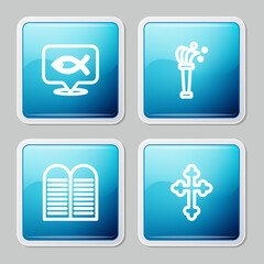 Set line Christian fish, Aspergillum, The commandments and cross icon. Vector.
