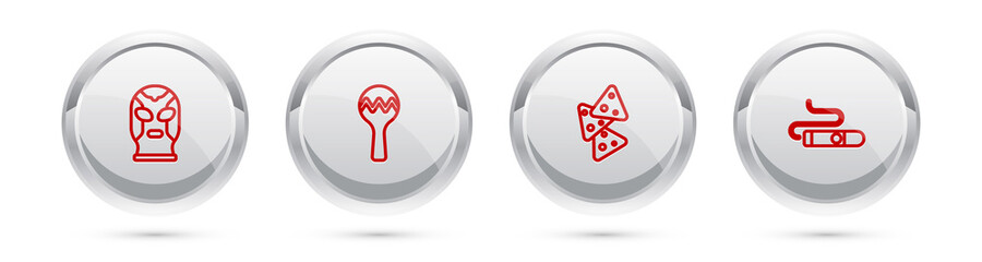 Set line Mexican wrestler, Maracas, Nachos and Cigar. Silver circle button. Vector.