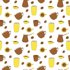 Coffee seamless pattern, cups, mug, paper cup, coffee pot and coffee beans, vector doodle illustration, yellow and brown