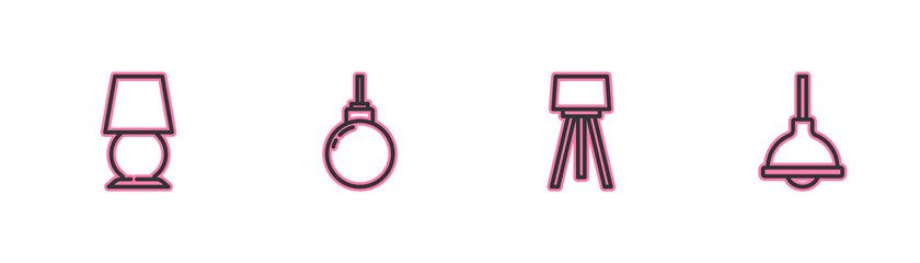 Set line Table lamp, Floor, Lamp hanging and icon. Vector.