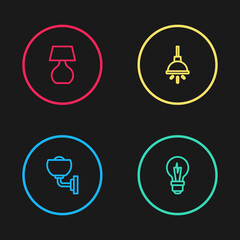 Set line Wall lamp or sconce, Light bulb, Chandelier and Table icon. Vector.