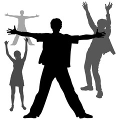 Vector emotional silhouettes of people. Boy, man and girl are standing with their hands up. Happy guy stands arms to the sides