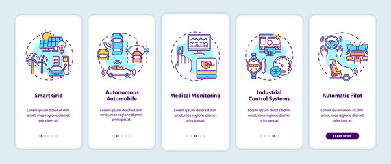 Cyber-physical systems application onboarding mobile app page screen with concepts. Smart grid, med monitoring walkthrough 5 steps graphic instructions. UI vector template with RGB color illustrations