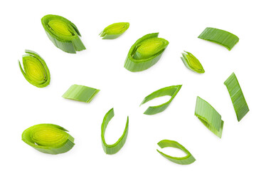 sliced leek isolated on white background. with clipping path. top view