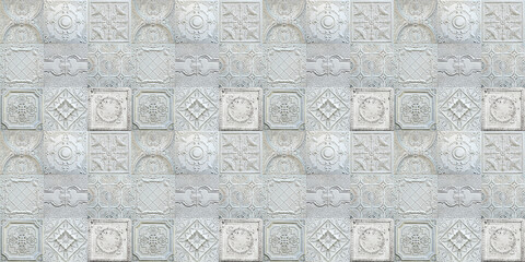 Old decorative painted tin ceiling tiles. Seamless pattern.  - 410696945