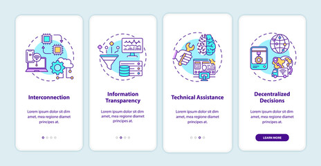 Industry 4.0 principles onboarding mobile app page screen with concepts. Interconnection, tech assistance walkthrough 4 steps graphic instructions. UI vector template with RGB color illustrations