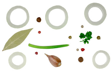 Оnion slices, garlic, peppercorns, isolated on white, top view
