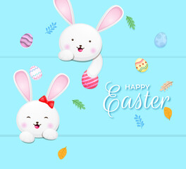 Happy easter greeting card with bunny couple and colorful eggs