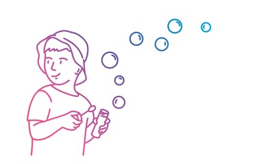 Boy in a Panama hat blowing soap bubbles. Colorful line. Vector illustration.