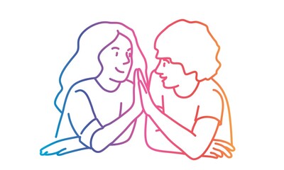 Girl gives five to boy. Brother and sister. High five! Colorful line. Vector illustration.